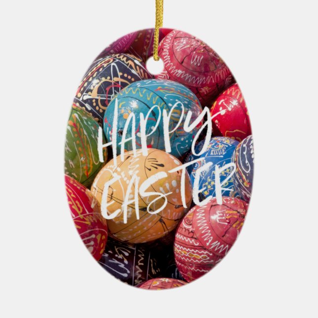 Czech Decorated Easter Eggs, Happy Easter Ceramic Ornament (Front)