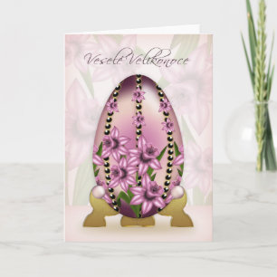 Czech Easter Card With Decorated Egg And Daffodils