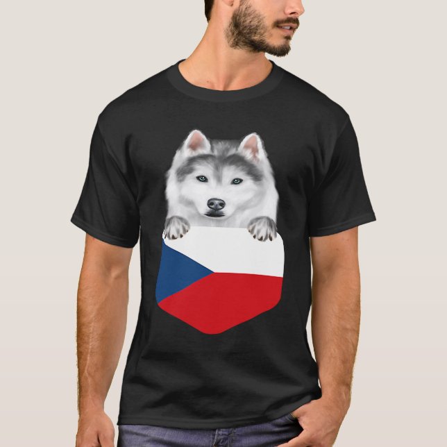 Czech Republic Flag Siberian Husky Dog In Pocket T-Shirt (Front)