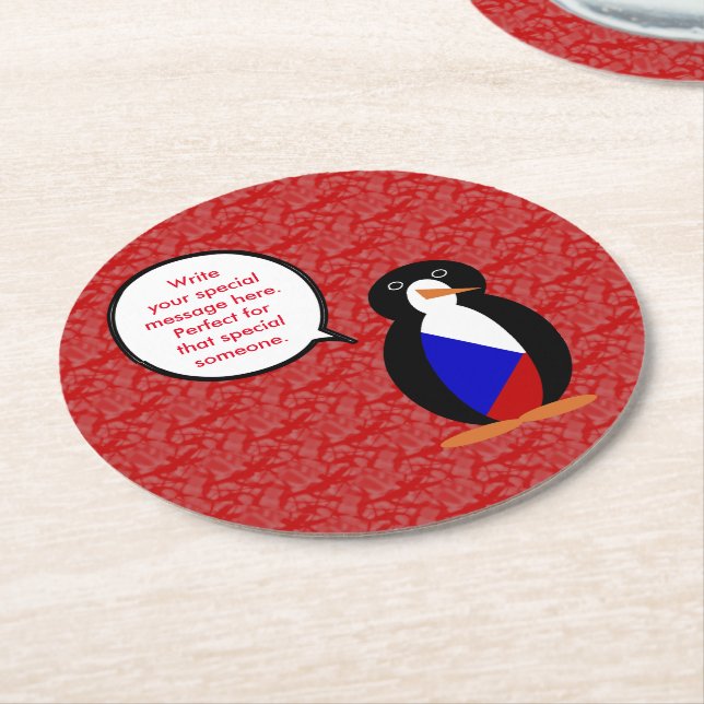 Czechia Flag Holiday Ms. Penguin Talking Round Paper Coaster (Angled)