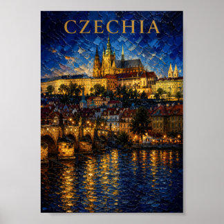 Czechia: Night Glow Prague Castle Art Souvenir Poster