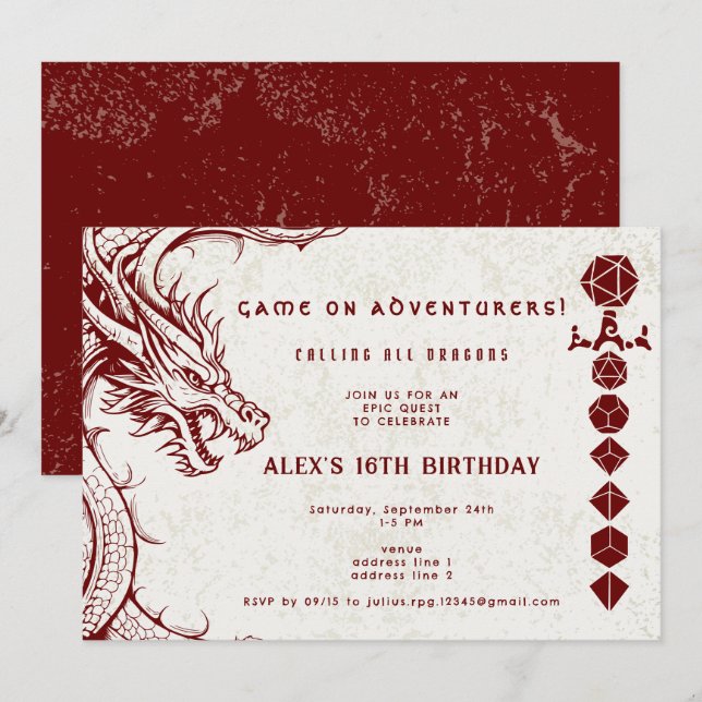 D20 Dice Celtic Dragon DND RPG DM Gamer Birthday Invitation (Front/Back)