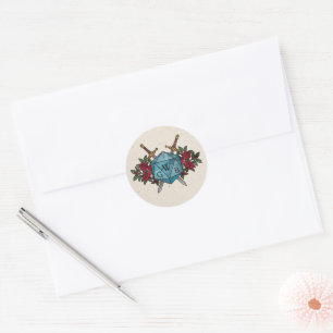 D20 Monogram Red Roses RPG Themed Wedding Classic Round Sticker