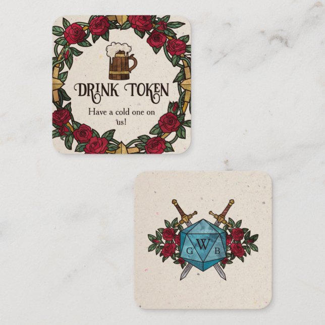 D20 Monogram Rose Wreath RPG Wedding Drink Ticket Enclosure Card (Front/Back)