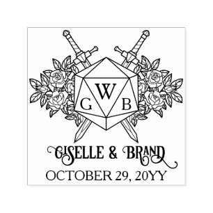 D20 Monogram Roses RPG Themed Wedding Self-inking Stamp