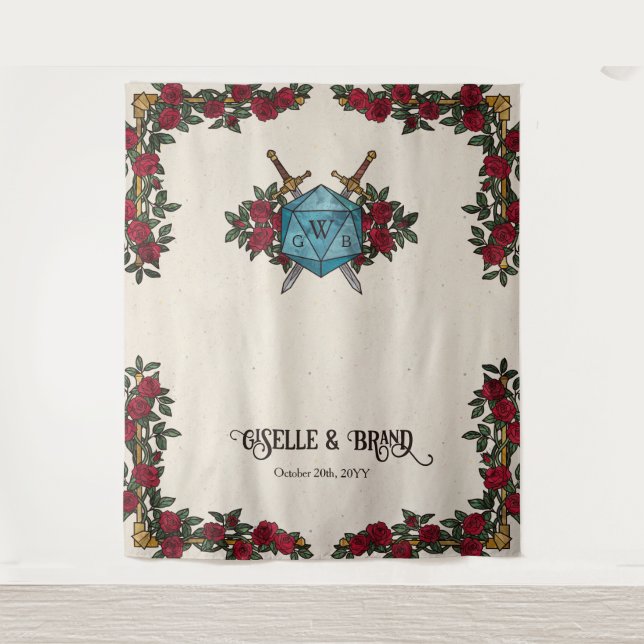 D20 Monogram Roses RPG Wedding Backdrop Tapestry (Front)