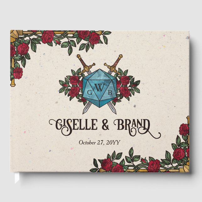 D20 Monogram Roses RPG Wedding Guest Book (Front)