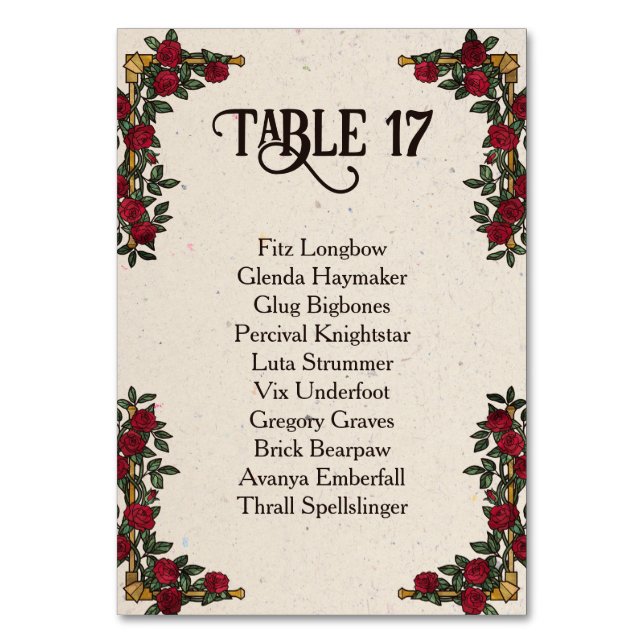 D20 Monogram Roses RPG Wedding Seating Card (Front)