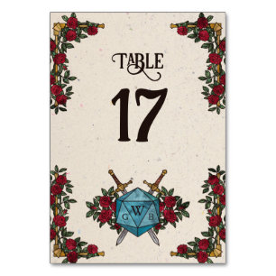 D20 Monogram Roses RPG Wedding Table Number