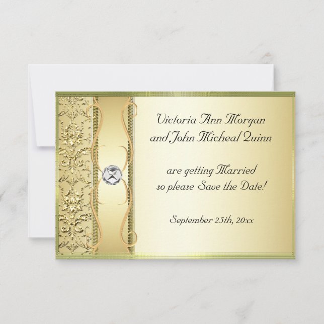 D2 Gold on Gold Damask Save the Date Card (Front)