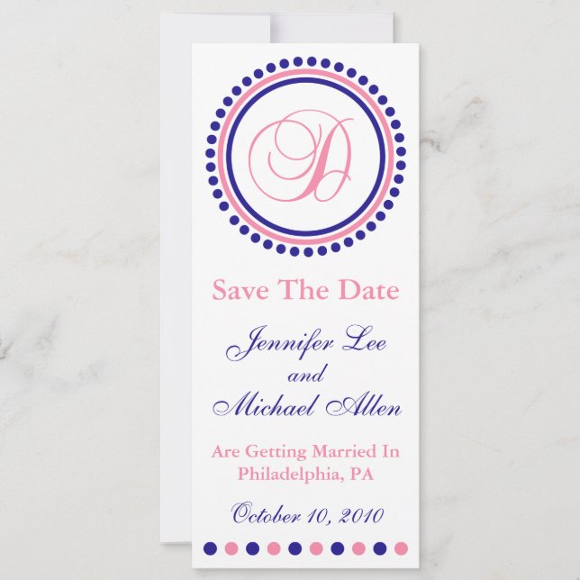 D Dot Circle Monogram Save The Date (Blue / Pink) (Front)