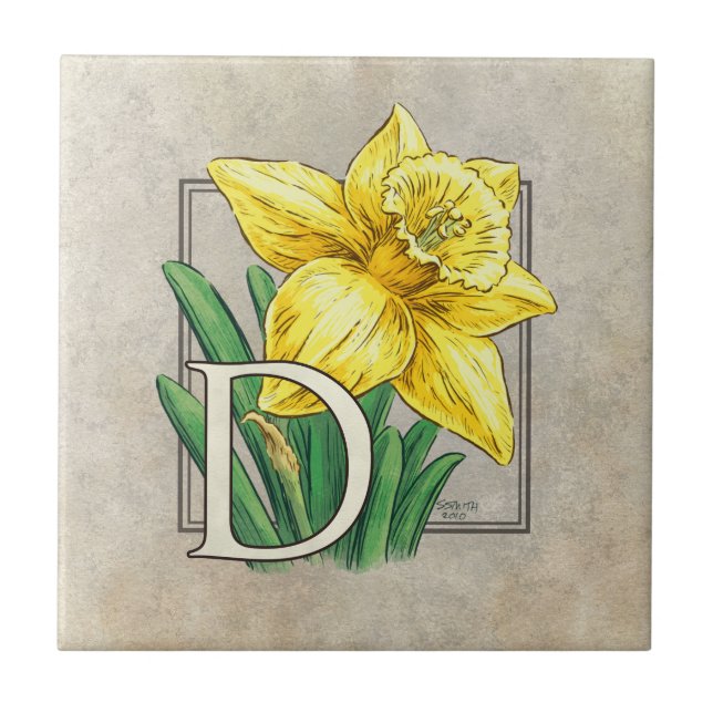 D for Daffodil Floral Monogram  Tile (Front)