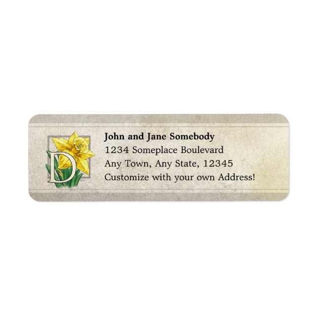 D for Daffodil Flower Monogram Address Labels (Front)
