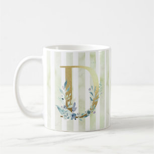 D  golden initial on blue and white stripes coffee mug