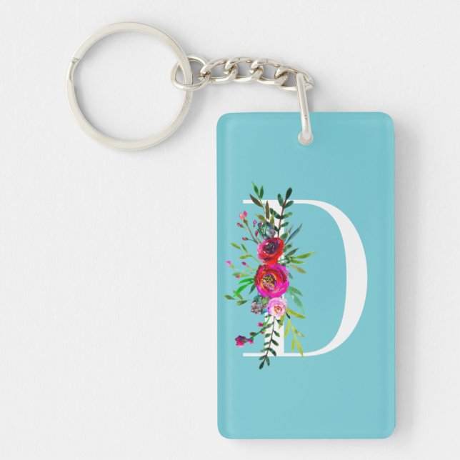 D Letter Initial Monogram Floral Custom Colour Keychain (Front)