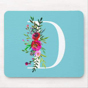 D Letter Initial Monogram Floral Custom Colour Mouse Pad