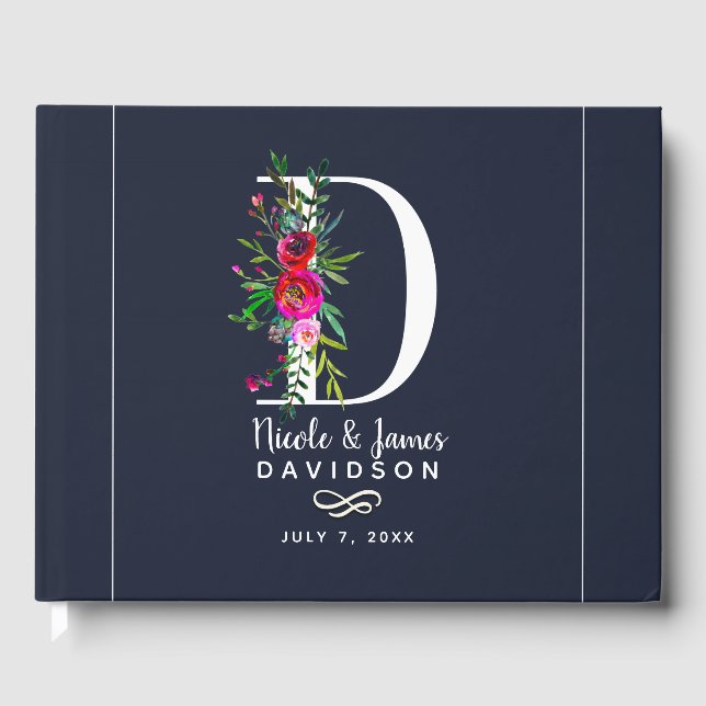 D Letter Initial Monogram Floral Name Wedding Guest Book (Front)
