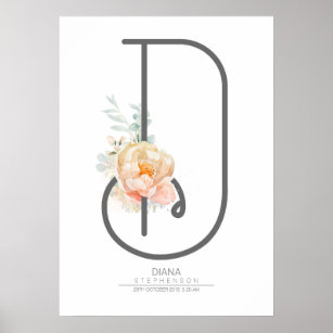 D Letter Monogram Blush Peach Floral Home Decor