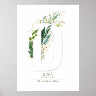 D Letter Monogram Gold Greenery Foliage Chic Poster
