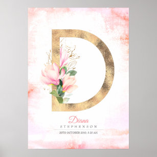 D Letter Monogram Gold Leaves Pink Magnolia Floral Poster