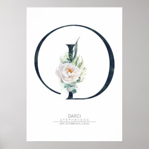 D Letter Monogram White Flowers and Greenery Poster