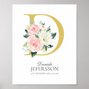 D Letter Monogram with Flowers Poster