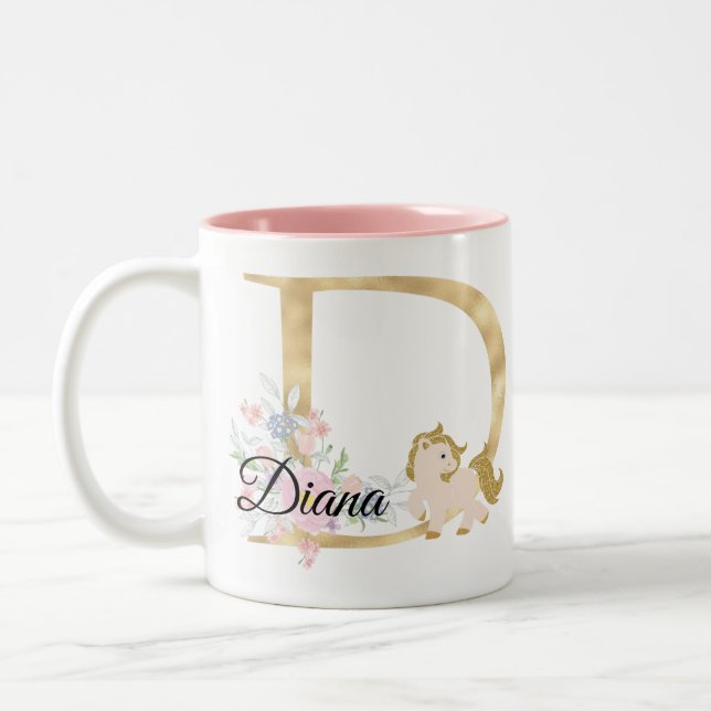 D letter personalized name monogram with pony Two-Tone coffee mug (Left)