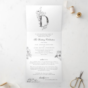 'D' Monogram Beautiful Sketched Floral Wedding Tri-Fold Invitation