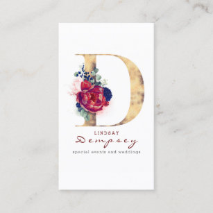 D Monogram Burgundy Gold and Navy Blue Floral Business Card