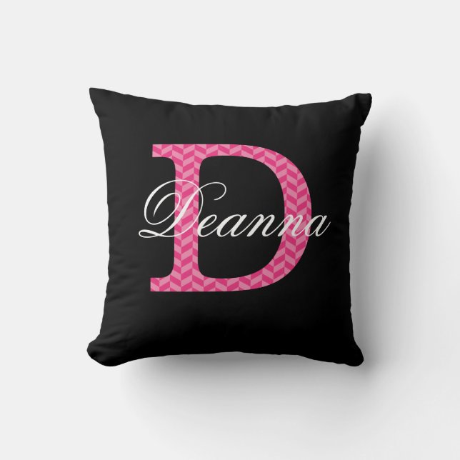 D Monogram Chevron Hot Pink With Name On Black Throw Pillow (Front)