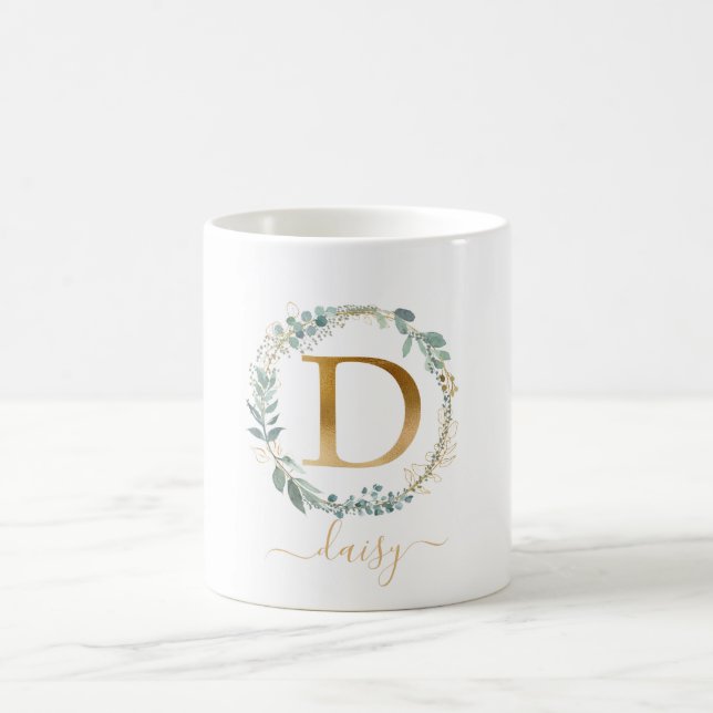 D monogram, customer specific leafy wreath  coffee mug (Center)