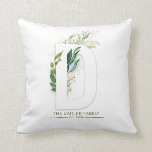 D Monogram Elegant Gold Greenery Family Name Throw Pillow