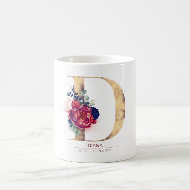 D Monogram Floral Burgundy Red and Navy Blue Coffee Mug (Center)