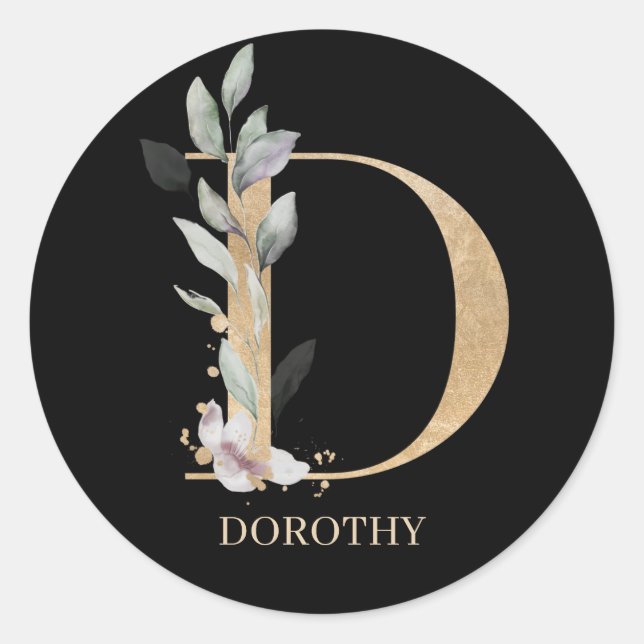 D Monogram Floral Personalized Classic Round Stick Sticker (Front)
