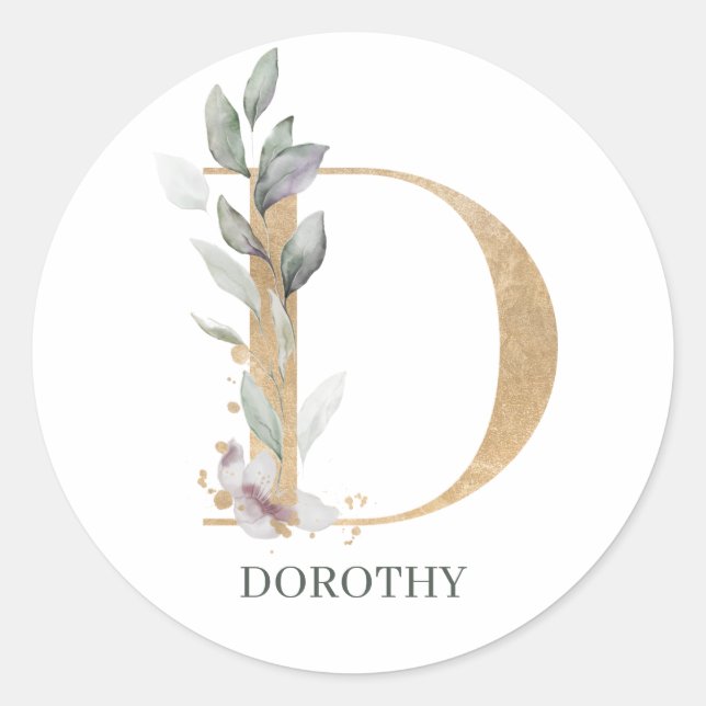 D Monogram Floral Personalized Classic Round Sticker (Front)