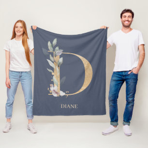 D Monogram Floral Personalized Fleece Blanket