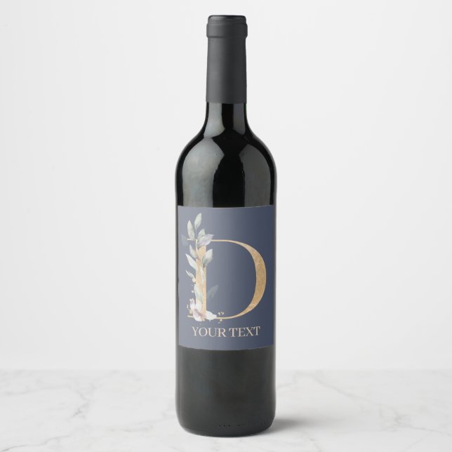 D Monogram Floral Personalized Wine Label (Front)