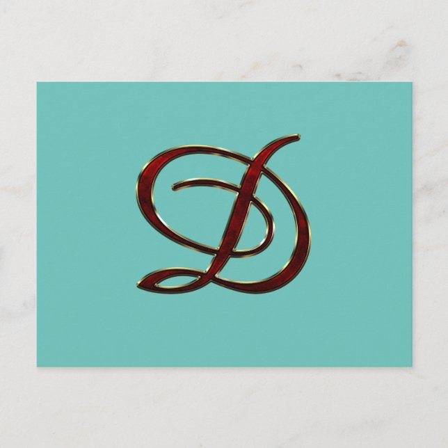 D monogram in copper-colored script on postcard (Front)