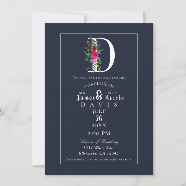 D Monogram Last Initial Modern Blue Floral Wedding Invitation (Front)