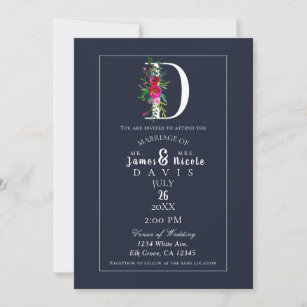 D Monogram Last Initial Modern Blue Floral Wedding Invitation