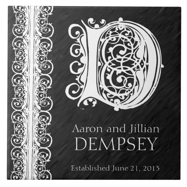D Monogram "White Lace on Black" Wedding  Tile (Front)
