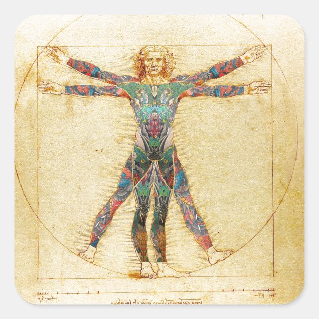Da Vinci's Vitruvian man with tattoos Square Sticker (Front)