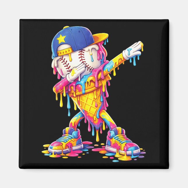 Dabbing Baseball Ice Cream Drip Funny Baseball Magnet (Front)