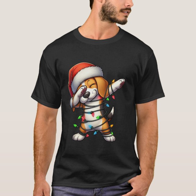 Dabbing Beagle Christmas Lights Santa Hat Boys Gir T-Shirt (Front)