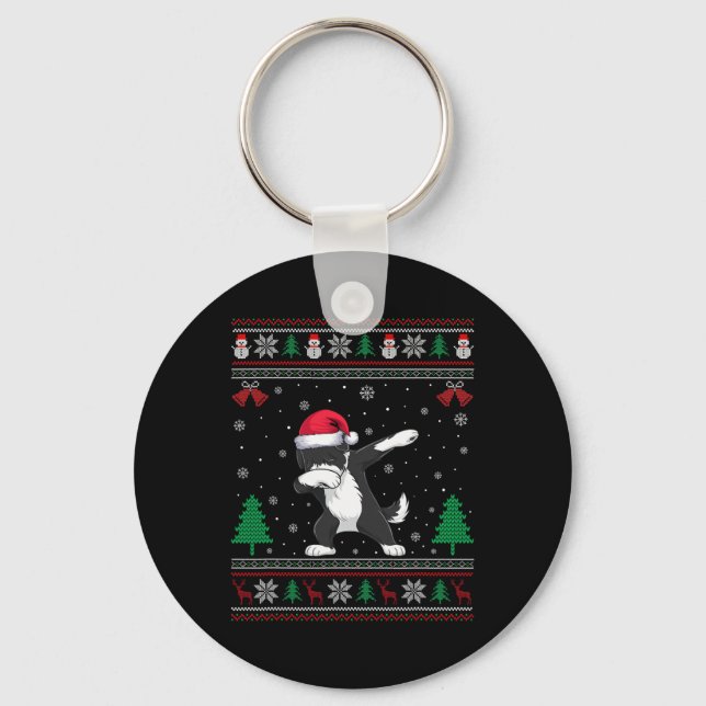 Dabbing Bernedoodle Dog Santa Hat Boys Girls Kids  Keychain (Front)