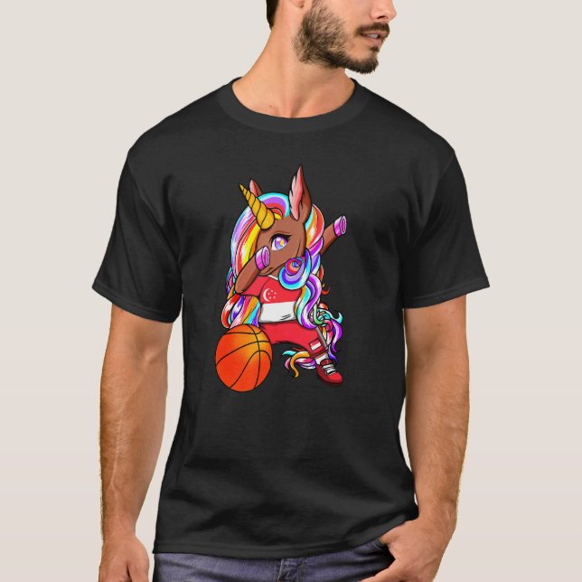 Dabbing Brown Skin Unicorn Singapore Basketball Fa T-Shirt (Front)