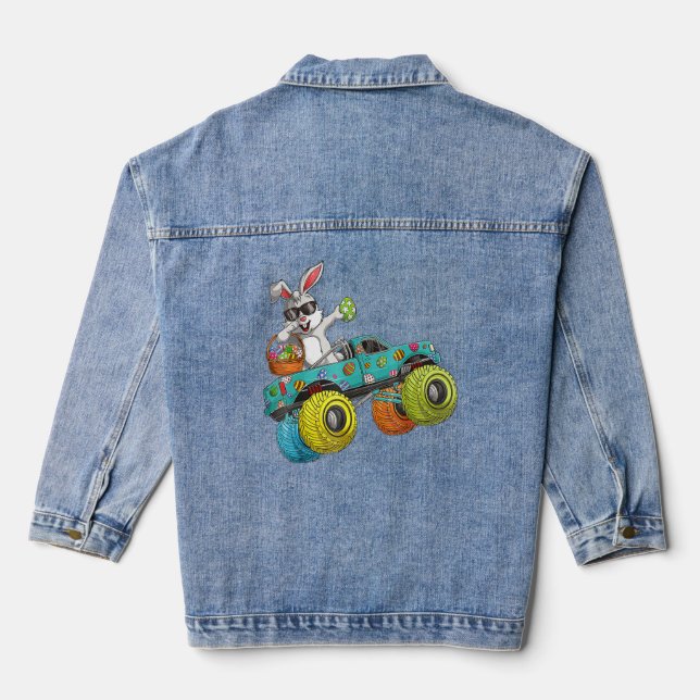 Dabbing Bunny Happy Easter Monster Truck  Kids Boy Denim Jacket (Back)