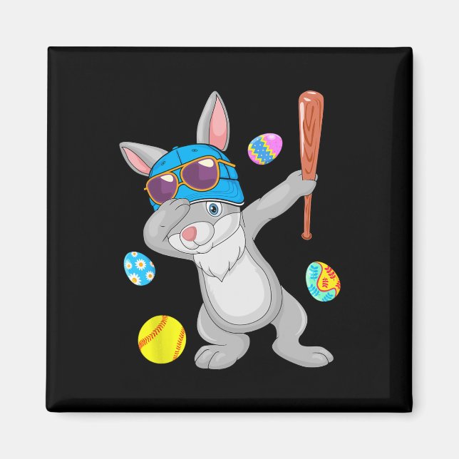 Dabbing Bunny Playing Softball Easter Costume Play Magnet (Front)