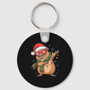 Dabbing Capybara Christmas Santa Hat Funny Holiday Keychain