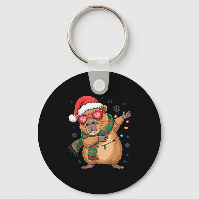Dabbing Capybara Christmas Santa Hat Funny Holiday Keychain (Front)